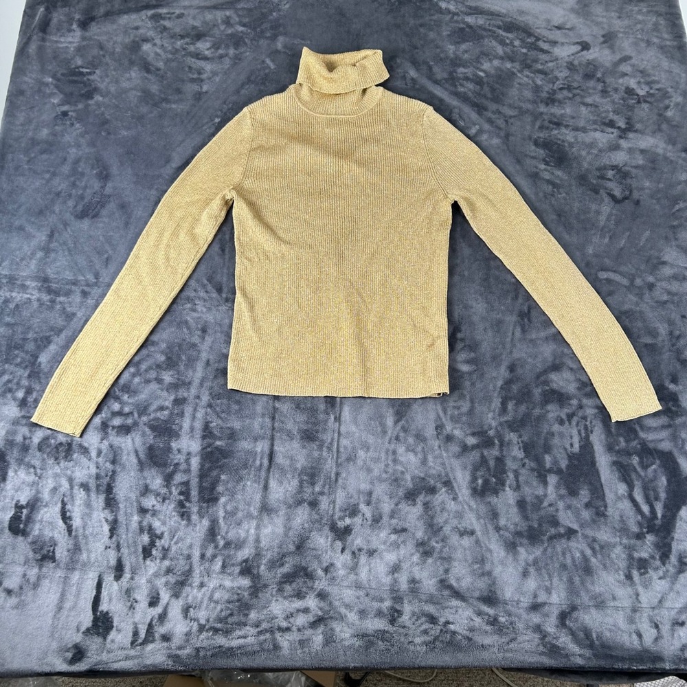 Lauren Ralph Lauren Turtleneck Sweater Womens M Gold Metallic Ribbed Knit L/S